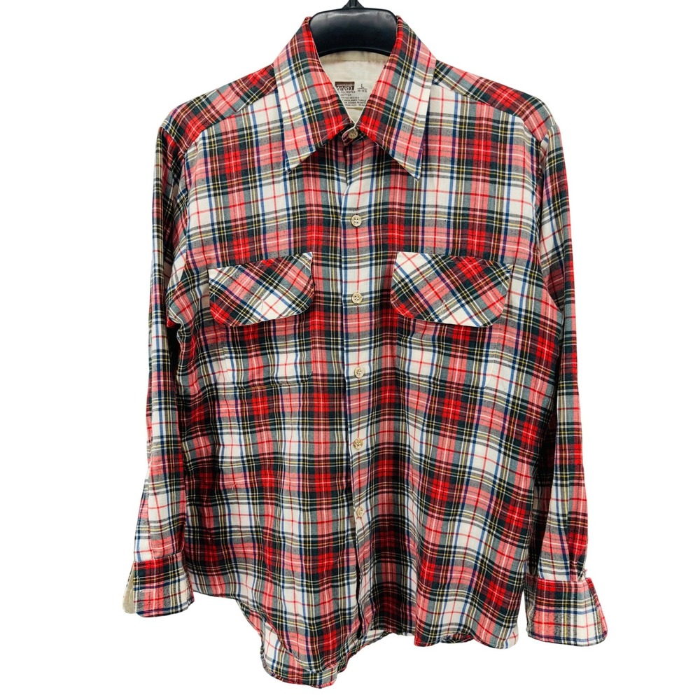 Vintage 70s Montgomery Ward Plaid Shirt Mens L Multicolor Button Flap Pocket